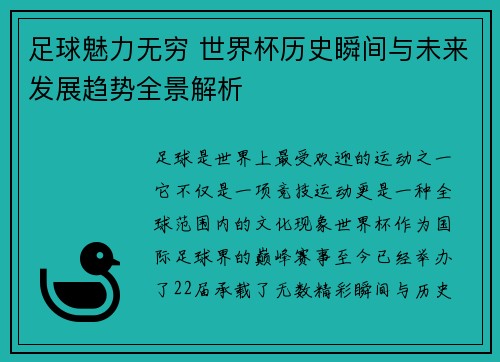 足球魅力无穷 世界杯历史瞬间与未来发展趋势全景解析