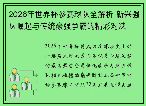 2026年世界杯参赛球队全解析 新兴强队崛起与传统豪强争霸的精彩对决