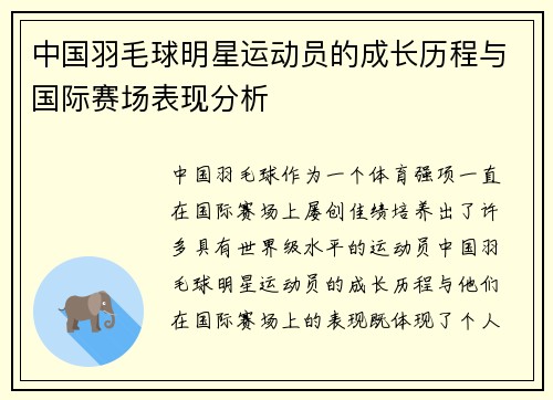 中国羽毛球明星运动员的成长历程与国际赛场表现分析