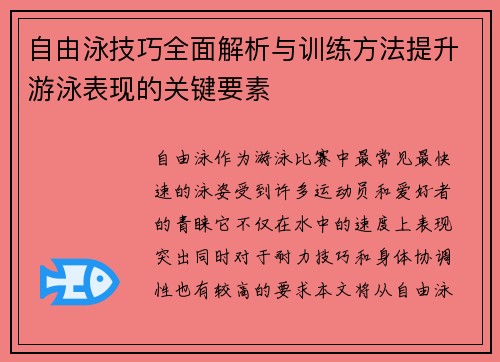 自由泳技巧全面解析与训练方法提升游泳表现的关键要素