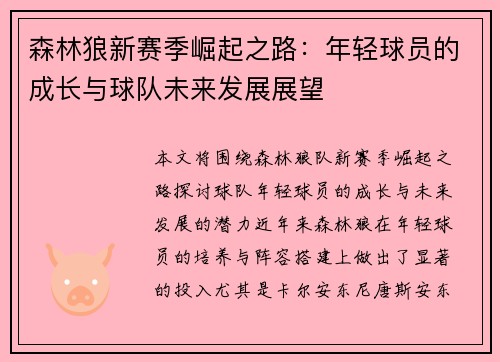 森林狼新赛季崛起之路：年轻球员的成长与球队未来发展展望